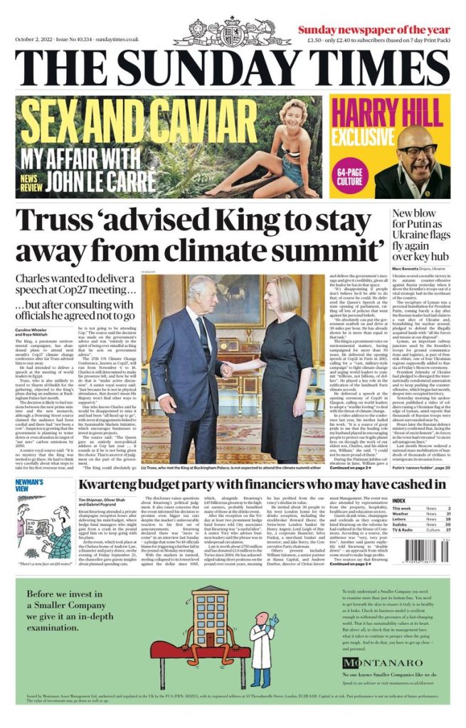 Sunday Times Front Page 2nd Of October 2022 Tomorrow S Papers Today