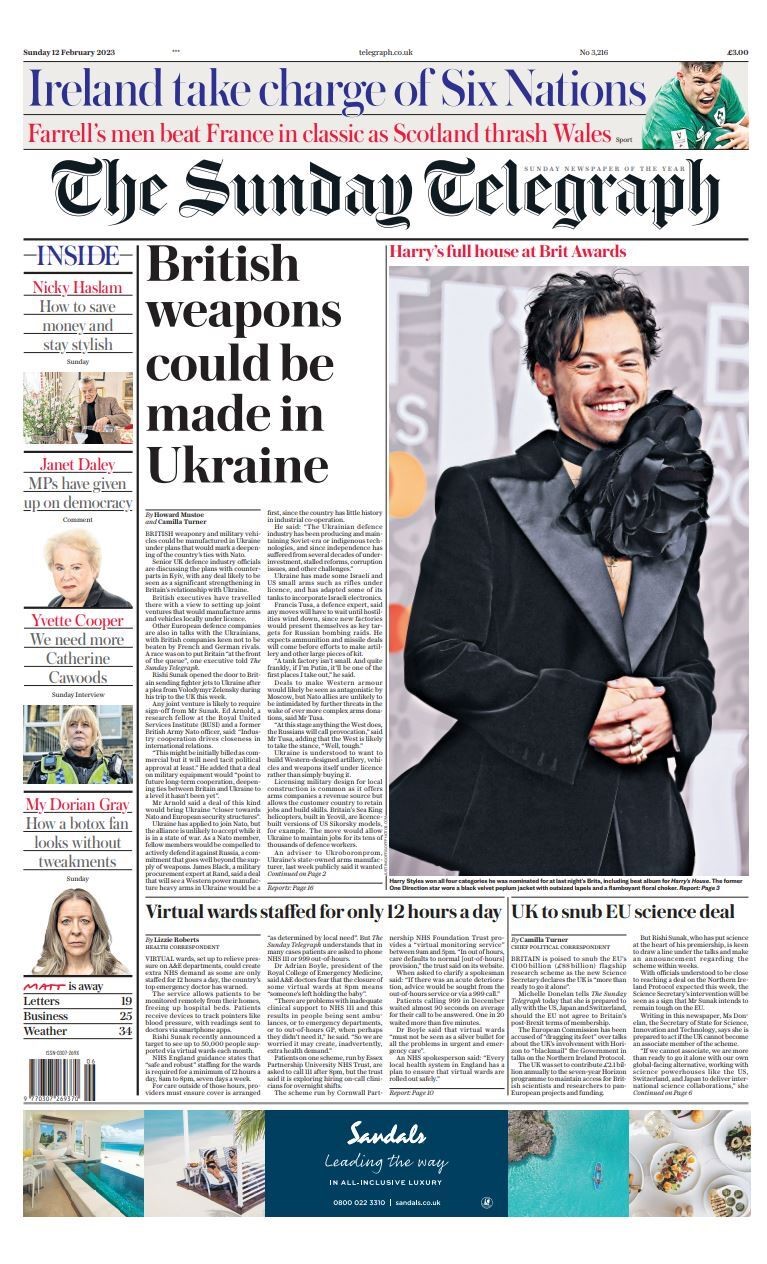 Sunday Telegraph Front Page Th Of February Tomorrow S Papers