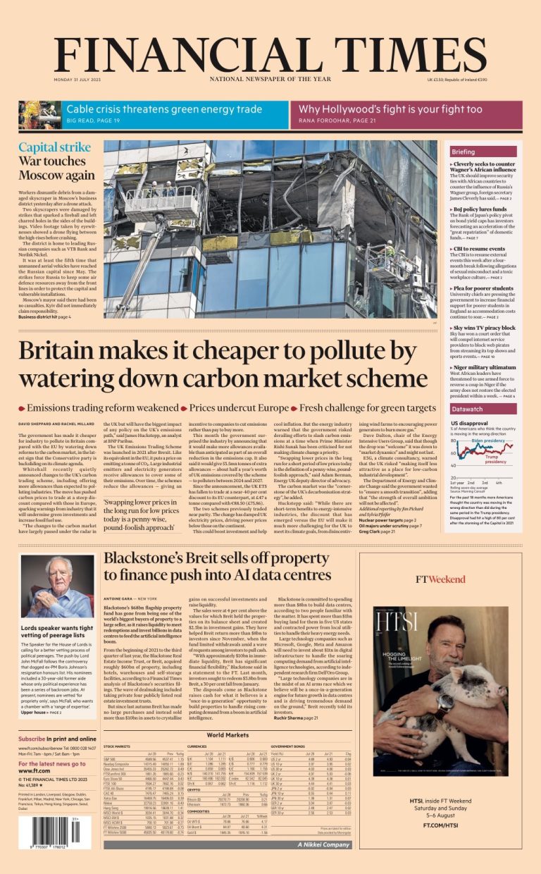 Financial Times Front Page 31st Of July 2023 Tomorrow S Papers Today