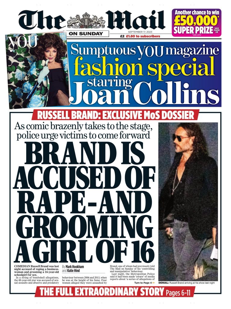 Mail On Sunday Front Page 17th Of September 2023 Tomorrow S Papers Today