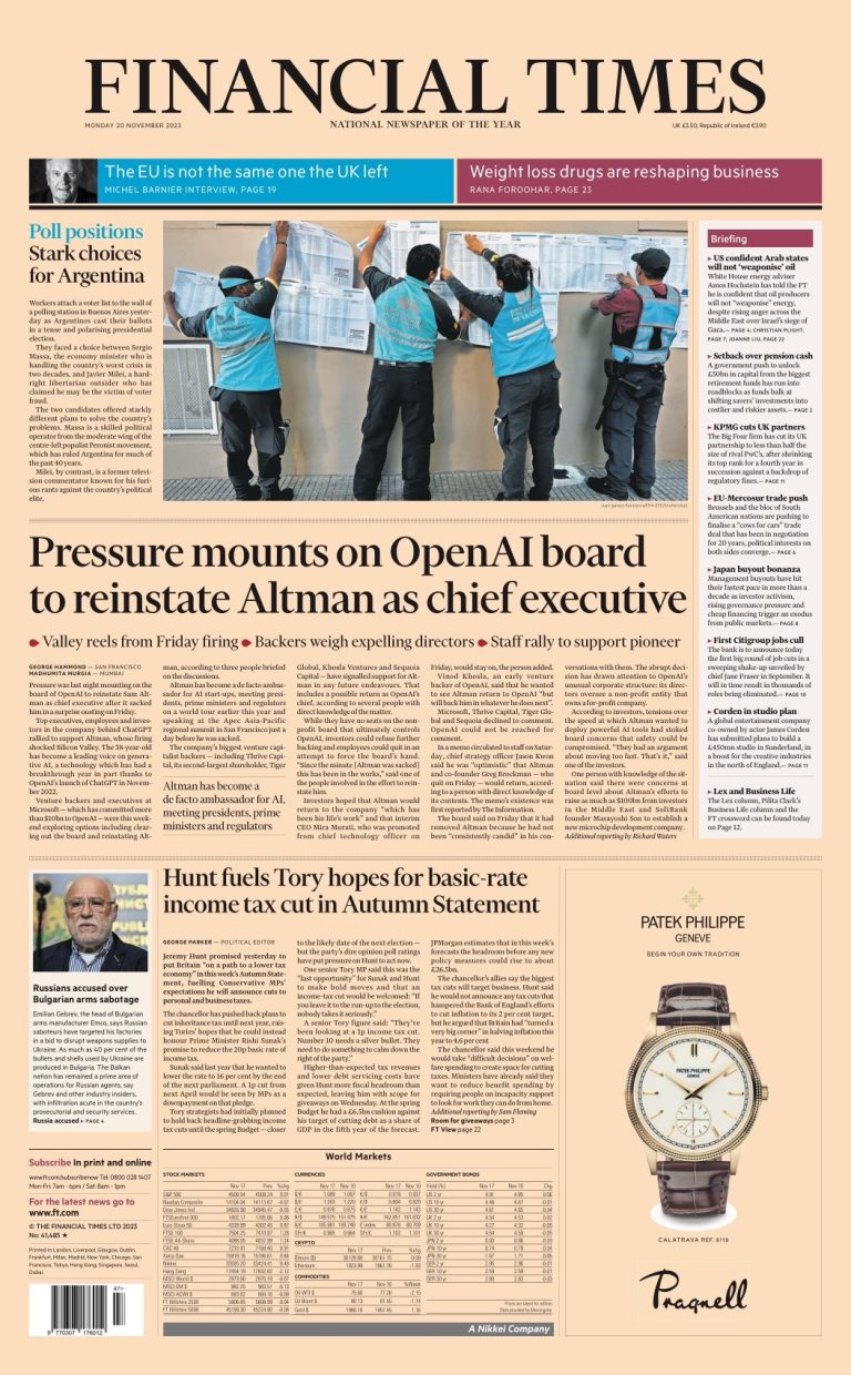 Financial Times Front Page 20th Of November 2023 Tomorrow S Papers Today