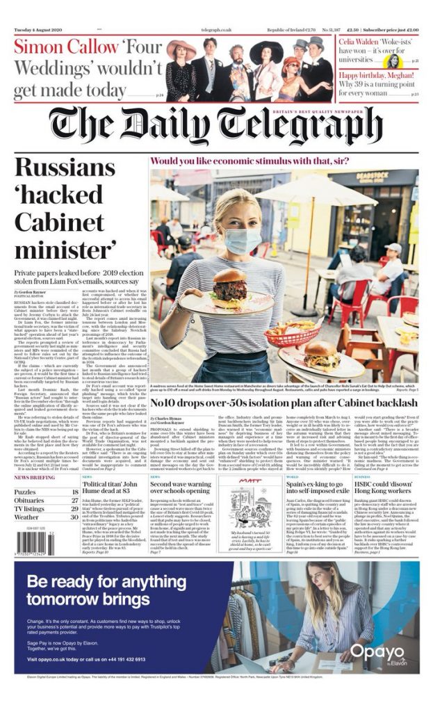 Daily Telegraph Front Page 4th Of August 2020 Tomorrows Papers Today