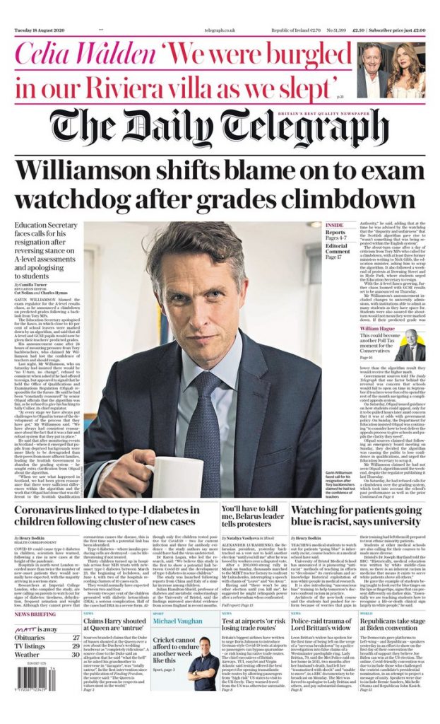 Daily Telegraph Front Page 18th Of August 2020 Tomorrows Papers Today