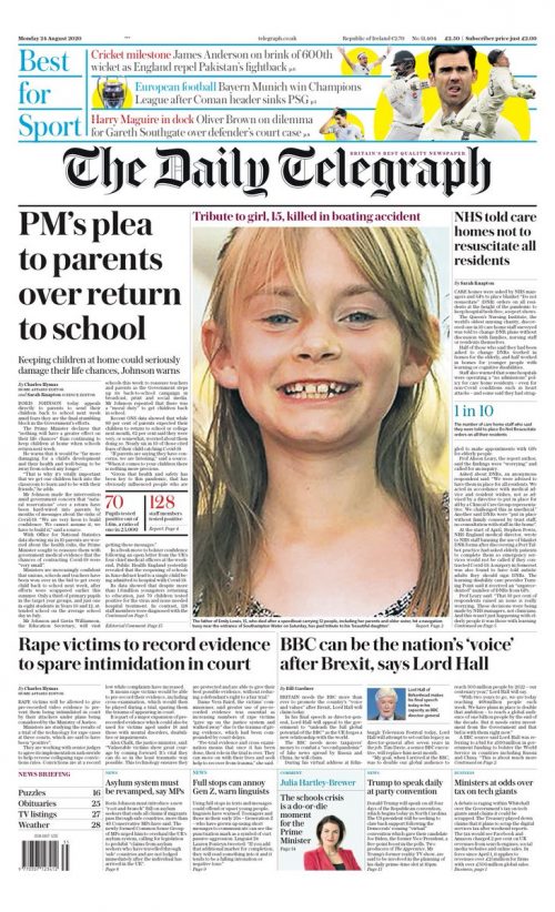 Daily Telegraph Front Page 24th Of August 2020 Tomorrows Papers Today