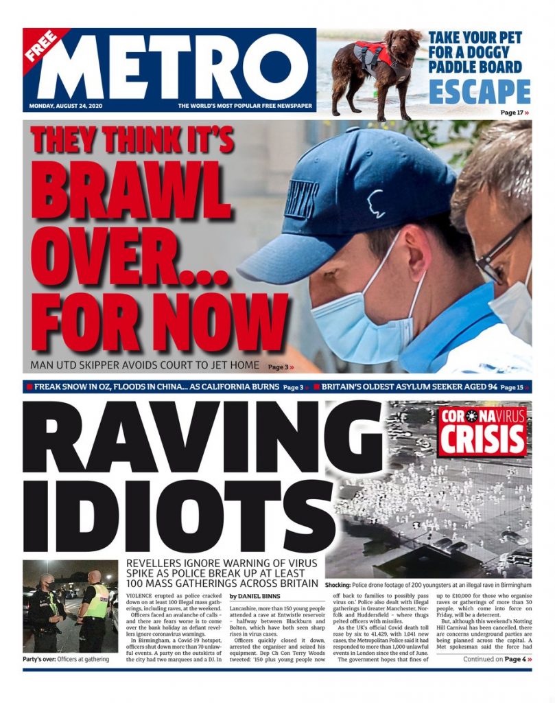 Metro Front Page 24th of August 2020 - Tomorrow's Papers Today!