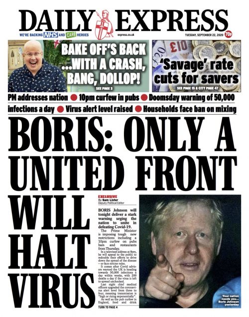 Daily Express Front Page 22nd of September 2020 - Tomorrow's Papers Today!