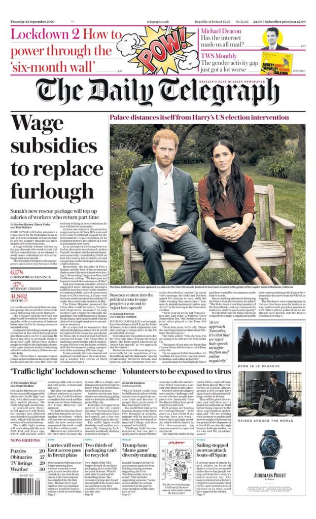 Daily Telegraph Front Page 24th Of September 2020 Tomorrows Papers