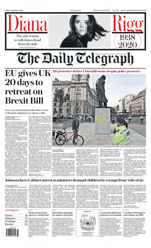 Daily Telegraph Front Page 11th Of September 2020 Tomorrows Papers