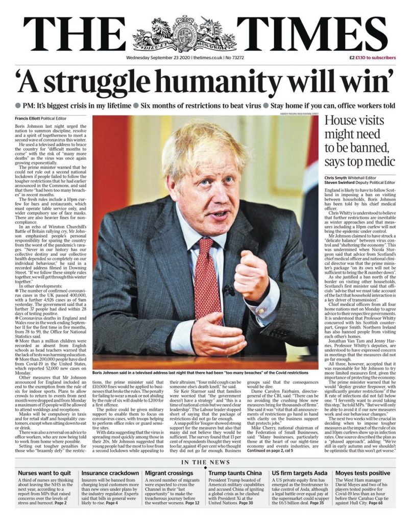 Times Front Page 23rd of September 2020 - Tomorrow's Papers Today!