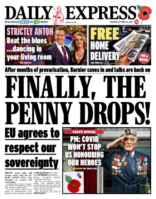 Daily Express Front Page 22nd of October 2020 Tomorrow's Papers Today!