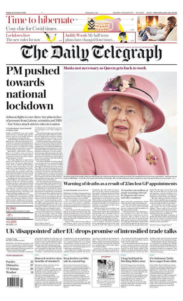 Daily Telegraph Front Page 16th of October 2020 - Tomorrow's Papers Today!