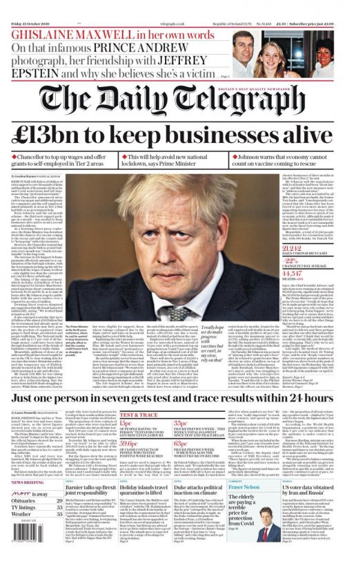 Daily Telegraph Front Page 23rd of October 2020 - Tomorrow's Papers Today!