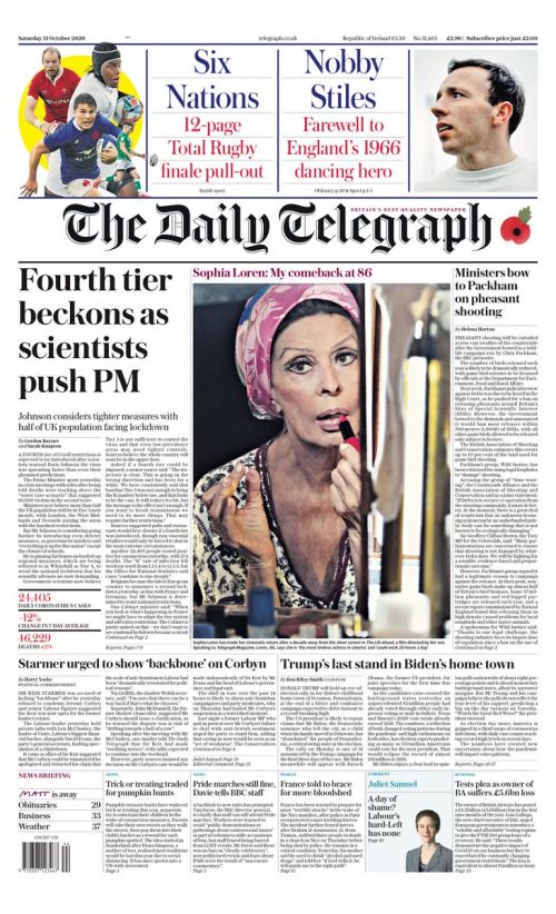 Daily Telegraph Front Page 31st of October 2020 - Tomorrow's Papers Today!