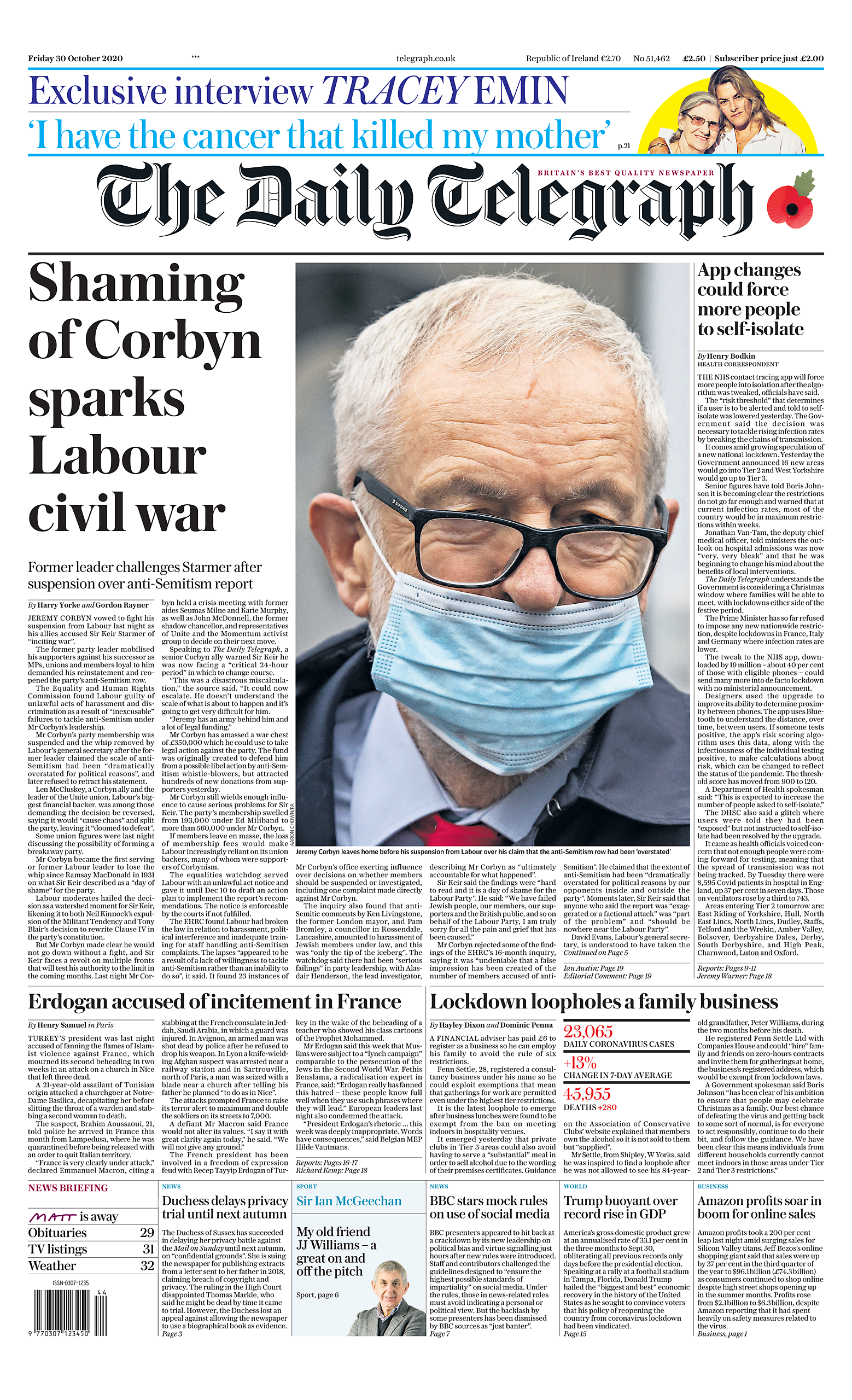 Daily Telegraph Front Page 30th Of October 2020 Tomorrow s Papers Today 