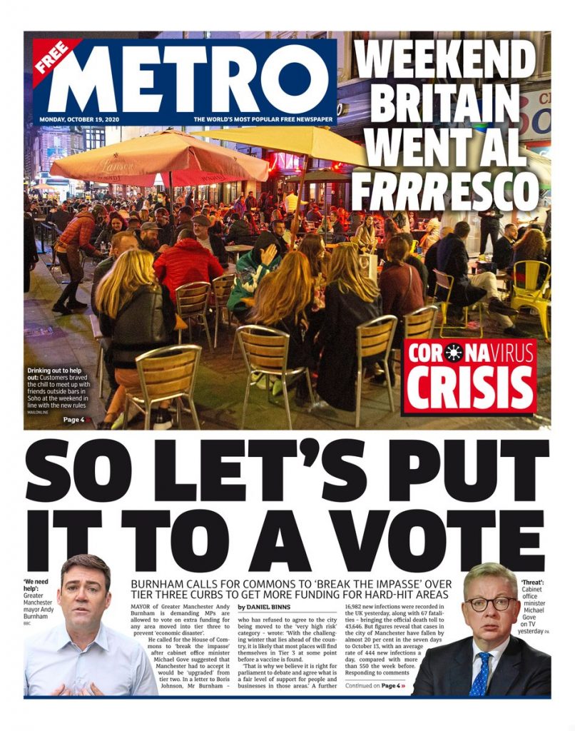 Metro Front Page 19th of October 2020 - Tomorrow's Papers Today!