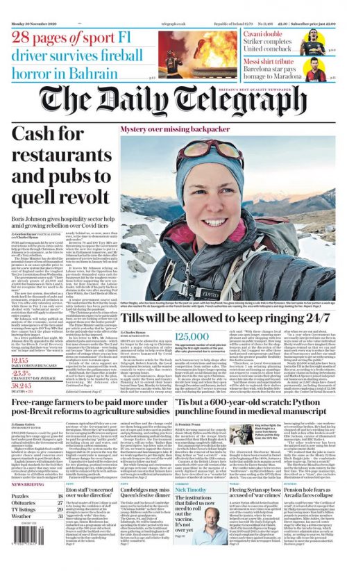 Daily Telegraph Front Page 30th of November 2020 - Tomorrow's Papers Today!