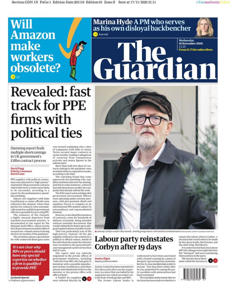 Guardian Front Page 18th of November 2020 Tomorrow's Papers Today!