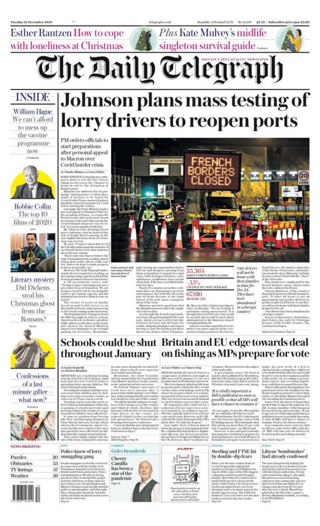 Daily Telegraph Front Page 22nd of December 2020 - Tomorrow's Papers Today!