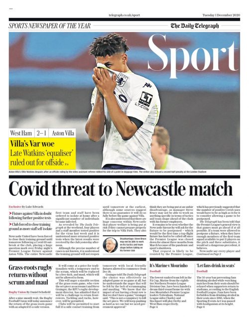 Daily Telegraph Front Page 1st Of December 2020 - Tomorrow's Papers Today!