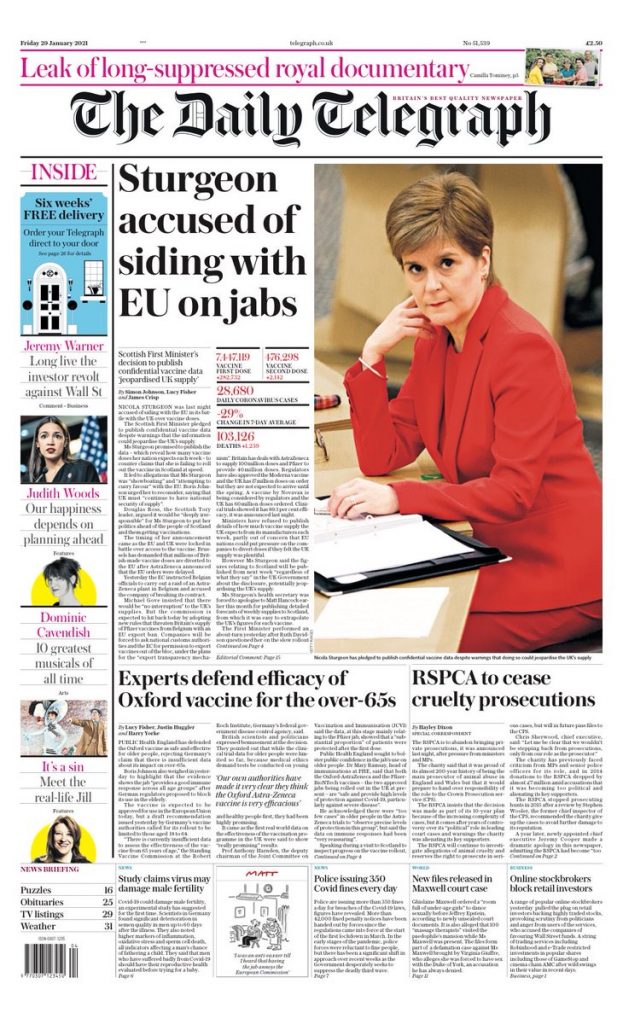 Daily Telegraph Front Page 29th of January 2021 - Tomorrow's Papers Today!