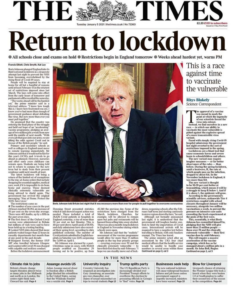 Times Front Page 5th Of January 2021 Tomorrows Papers Today