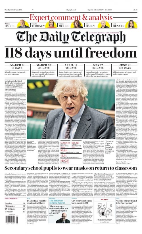 Daily Telegraph Front Page 23rd of February 2021 - Tomorrow's Papers Today!