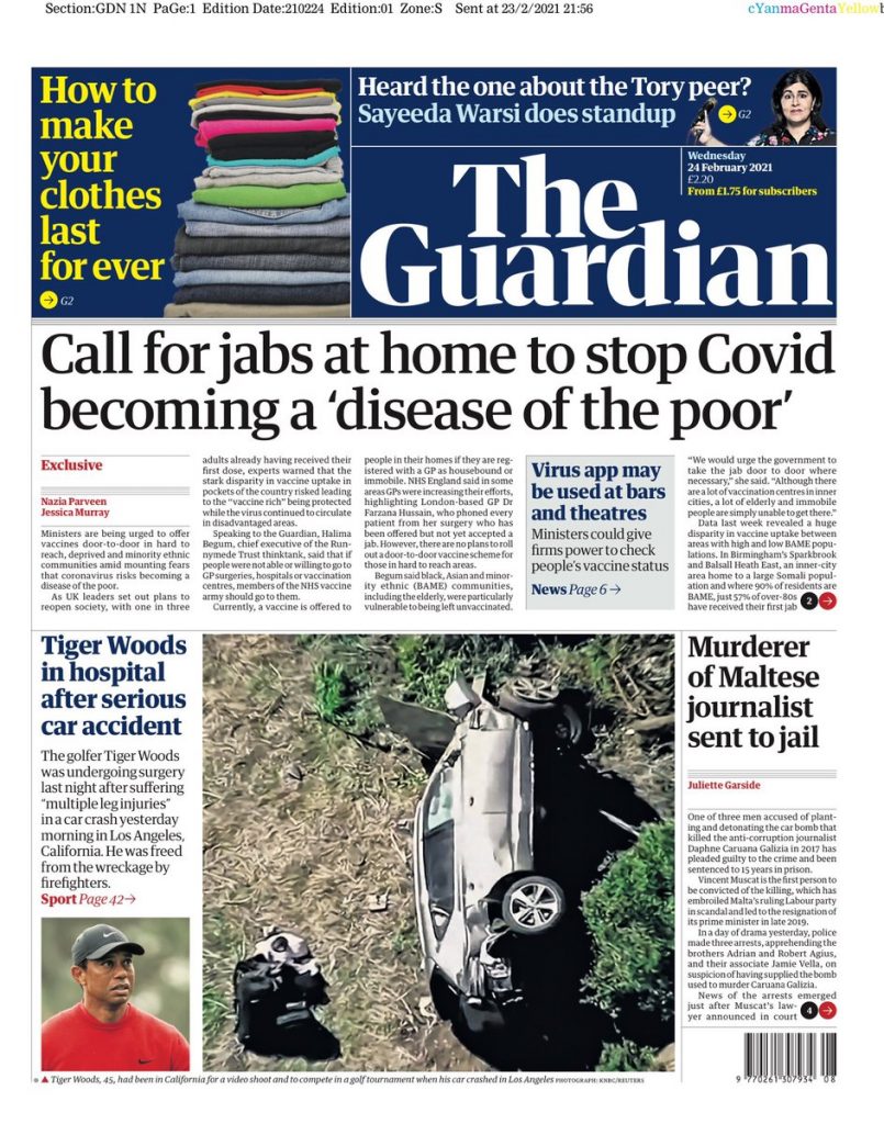 Guardian Front Page 24th of February 2021 Tomorrow's Papers Today!