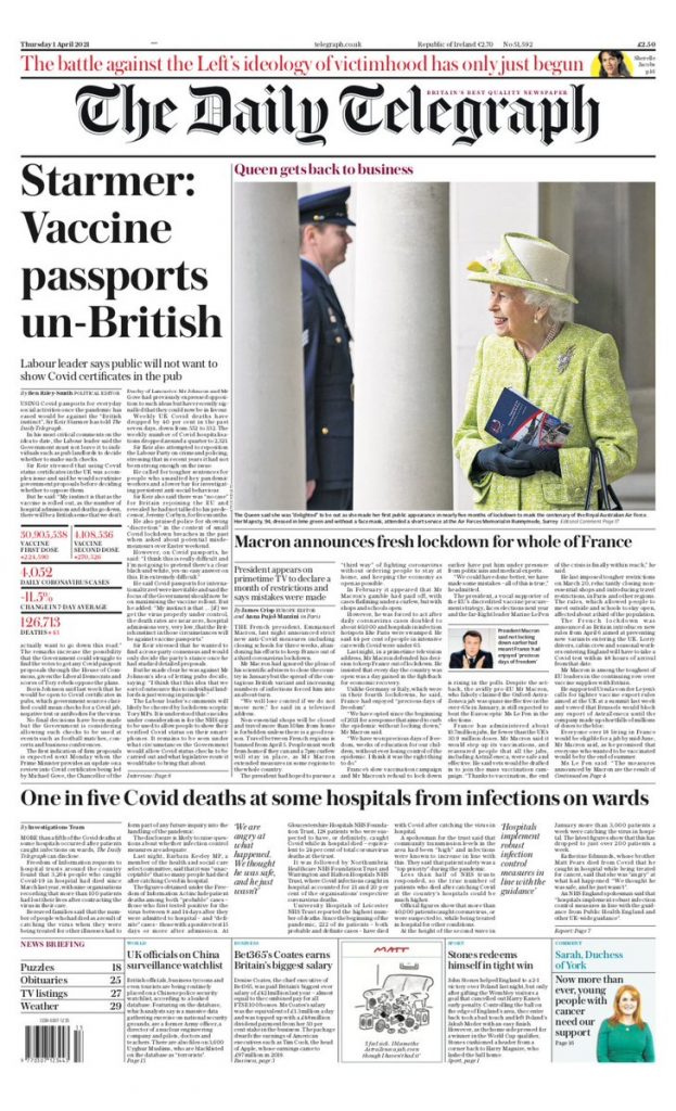 Daily Telegraph Front Page 1st of April 2021 - Tomorrow's Papers Today!