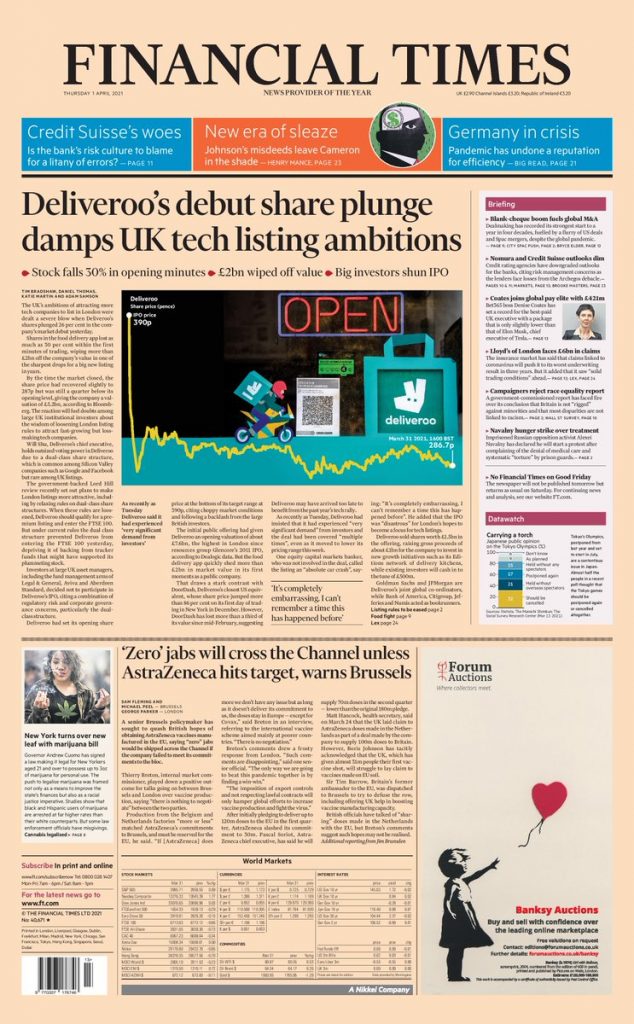Financial Times Front Page 1st of April 2021 Tomorrow's Papers Today!