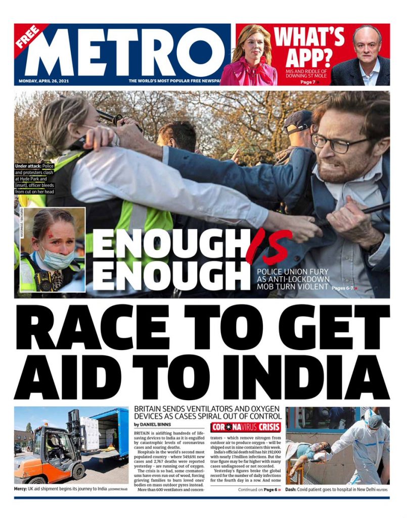 Metro Front Page 26th Of April 2021 - Tomorrow's Papers Today!