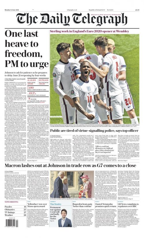 Daily Telegraph Front Page 14th of June 2021 - Tomorrow's Papers Today!