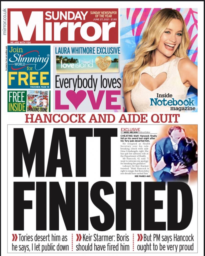 Sunday Mirror Front Page 27th of June 2021 - Tomorrow's Papers Today!