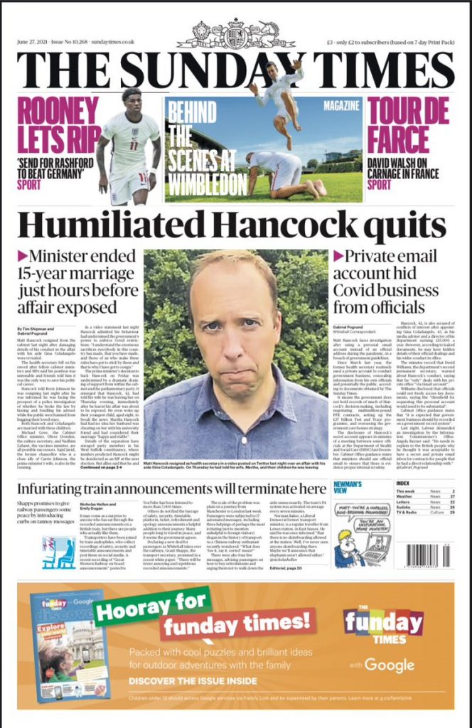 Sunday Times Front Page 27th Of June 2021 Tomorrow S Papers Today