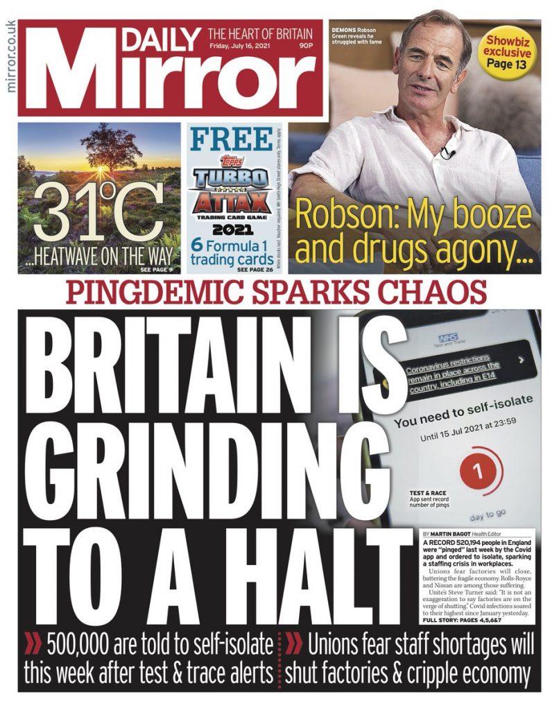 Daily Mirror Front Page 16th of July 2021 - Tomorrow's Papers Today!