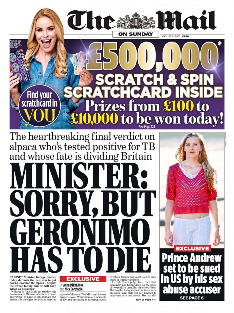 Mail on Sunday Front Page 8th of August 2021 - Tomorrow's Papers Today!