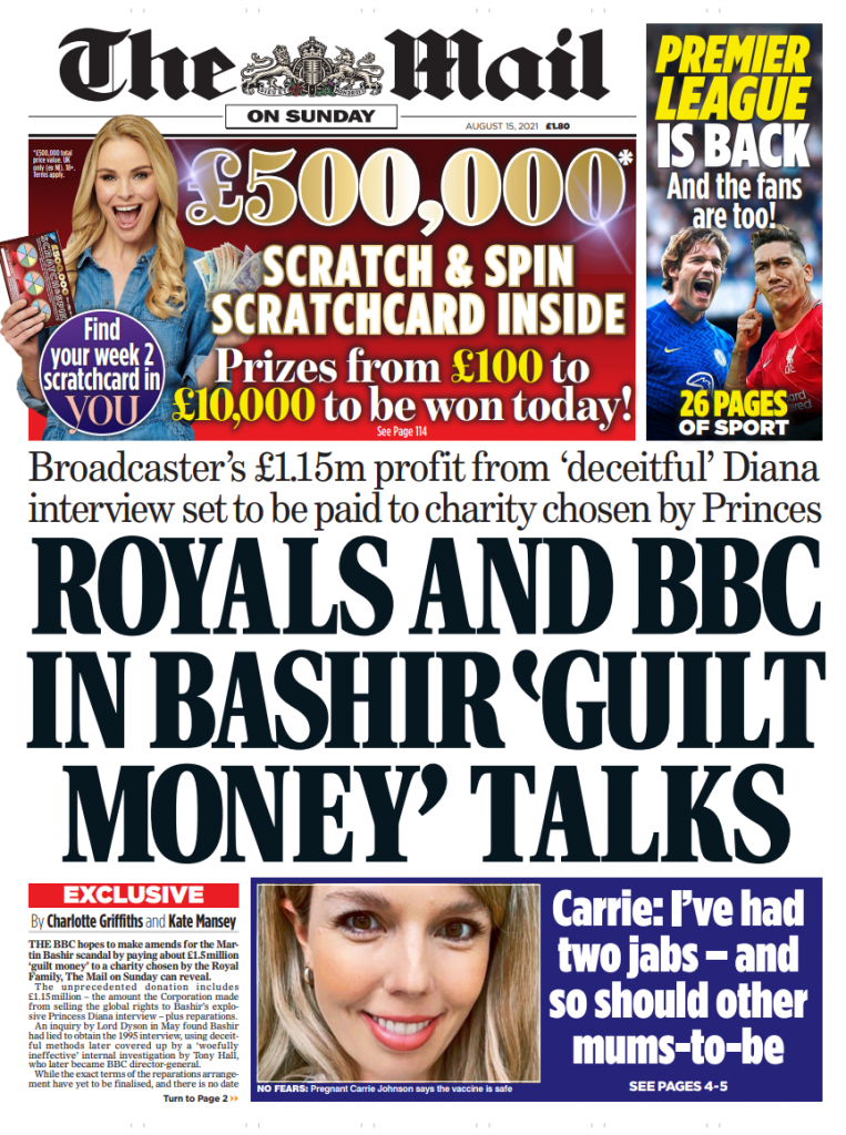 Mail On Sunday Front Page 15th Of August 2021 Tomorrow S Papers Today