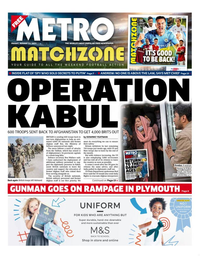 Metro Front Page 13th Of August 2021 Tomorrows Papers Today
