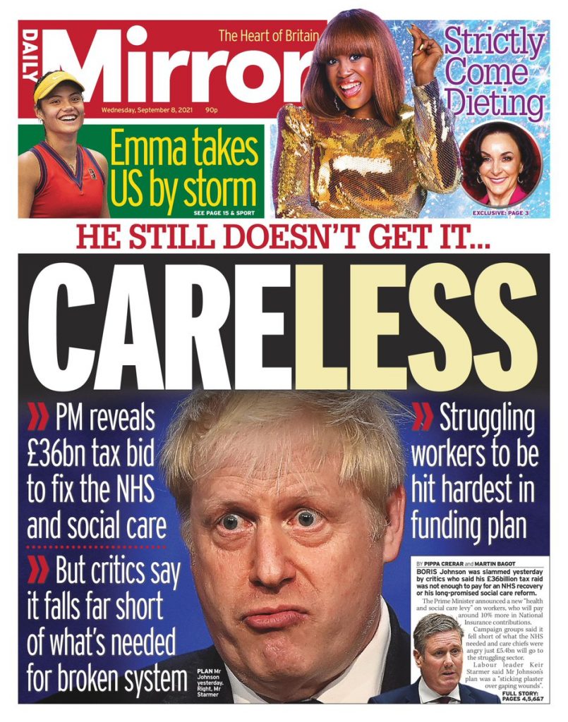 Daily Mirror Front Page 8th of September 2021 - Tomorrow's Papers Today!