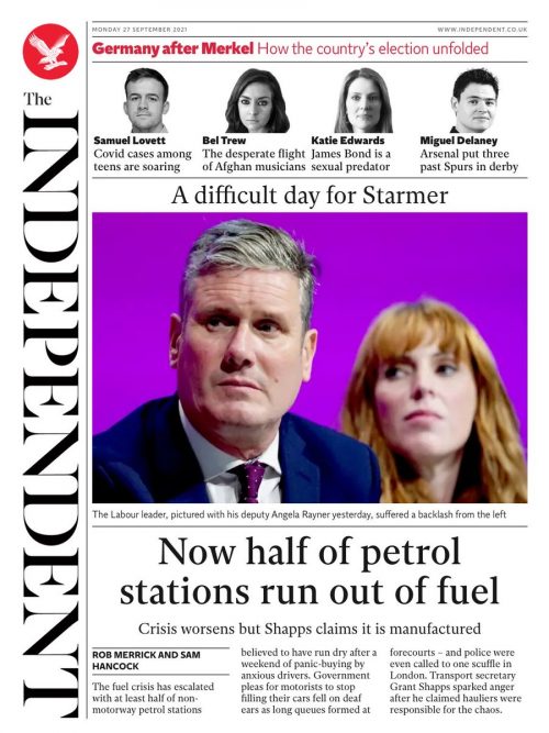 Independent Front Page 27th Of September 2021 - Tomorrow's Papers Today!