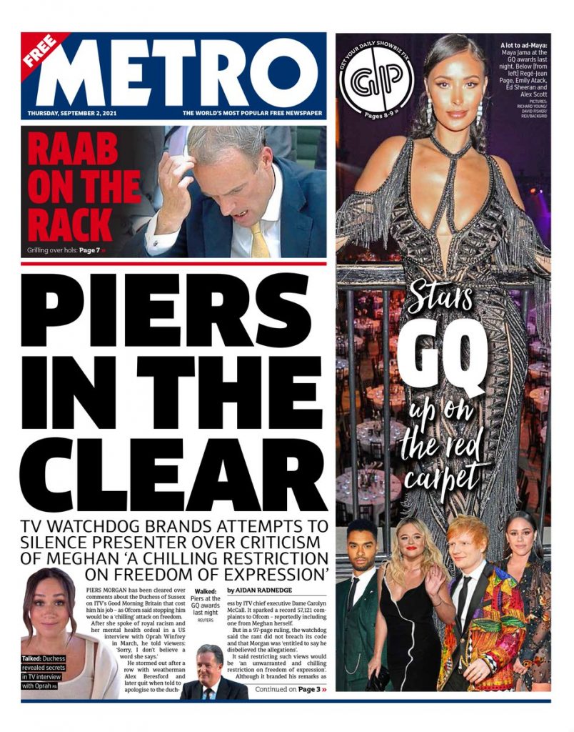 Metro Front Page 2nd of September 2021 - Tomorrow's Papers Today!