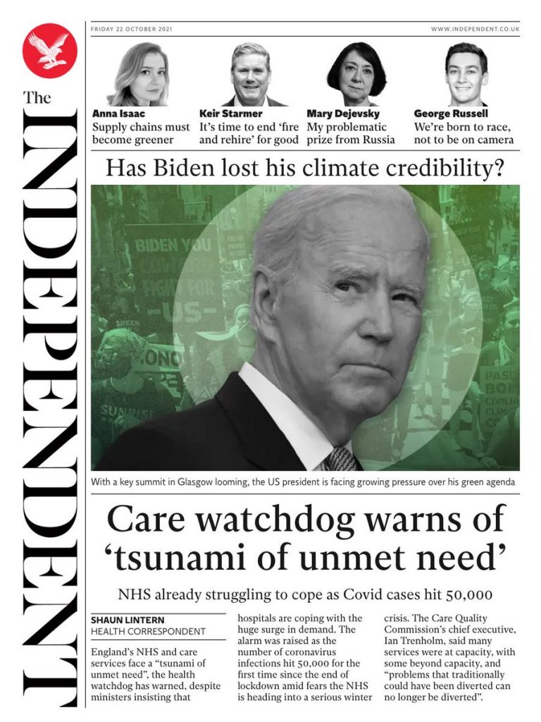 Independent Front Page 22nd Of October 2021 - Tomorrow's Papers Today!