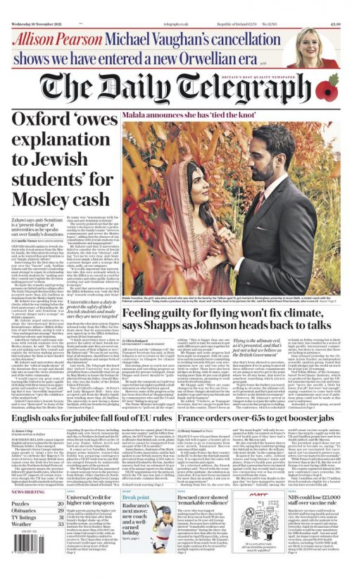 Daily Telegraph Front Page 10th of November 2021 - Tomorrow's Papers Today!