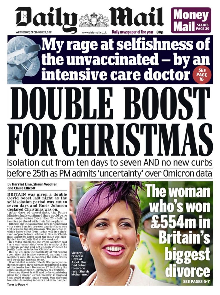 Daily Mail Front Page 22nd of December 2021 Tomorrow's Papers Today!