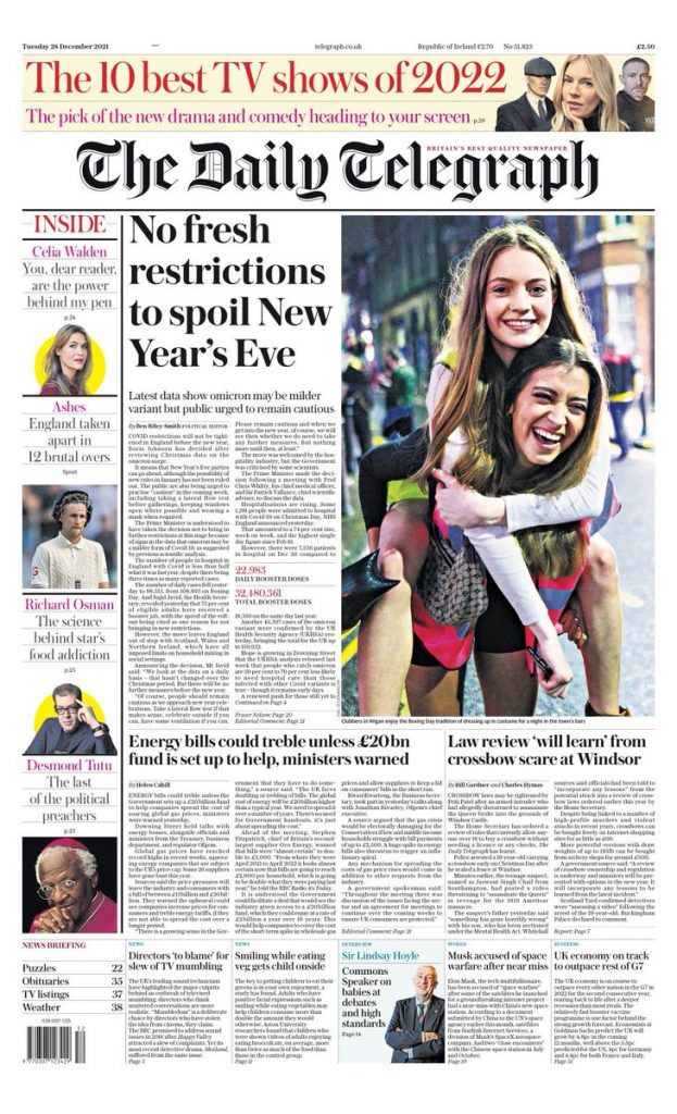 Daily Telegraph Front Page 28th of December 2021 - Tomorrow's Papers Today!