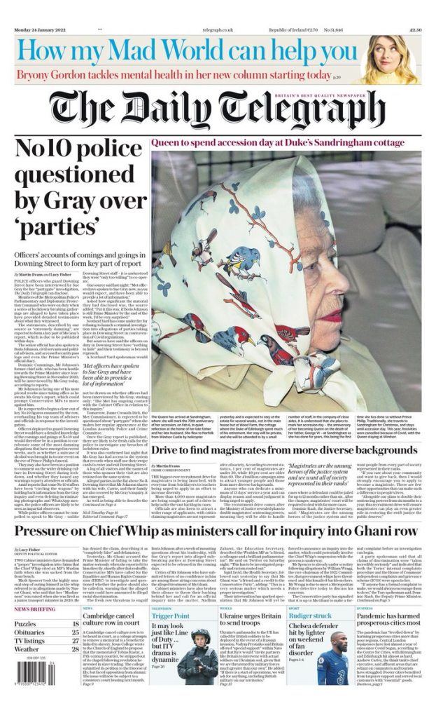 Daily Telegraph Front Page 24th of January 2022 - Tomorrow's Papers Today!