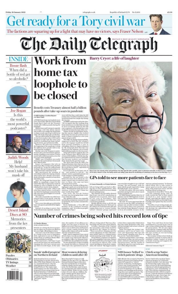 Daily Telegraph Front Page 28th Of January 2022 Tomorrows Papers Today 4704