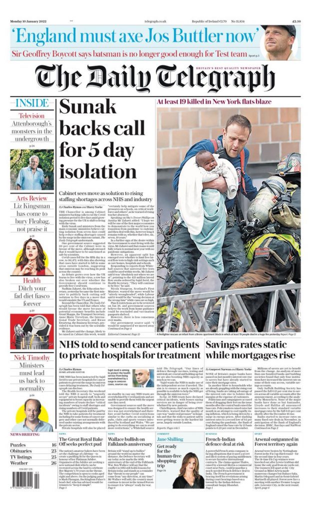 Daily Telegraph Front Page 10th of January 2022 - Tomorrow's Papers Today!