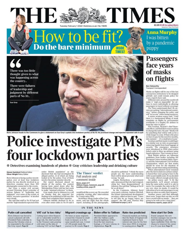 Times Front Page 1st of February 2022 Tomorrow's Papers Today!