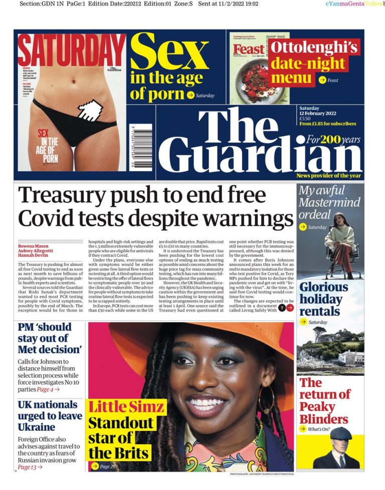Guardian Front Page 12th Of February 2022 Tomorrow S Papers Today