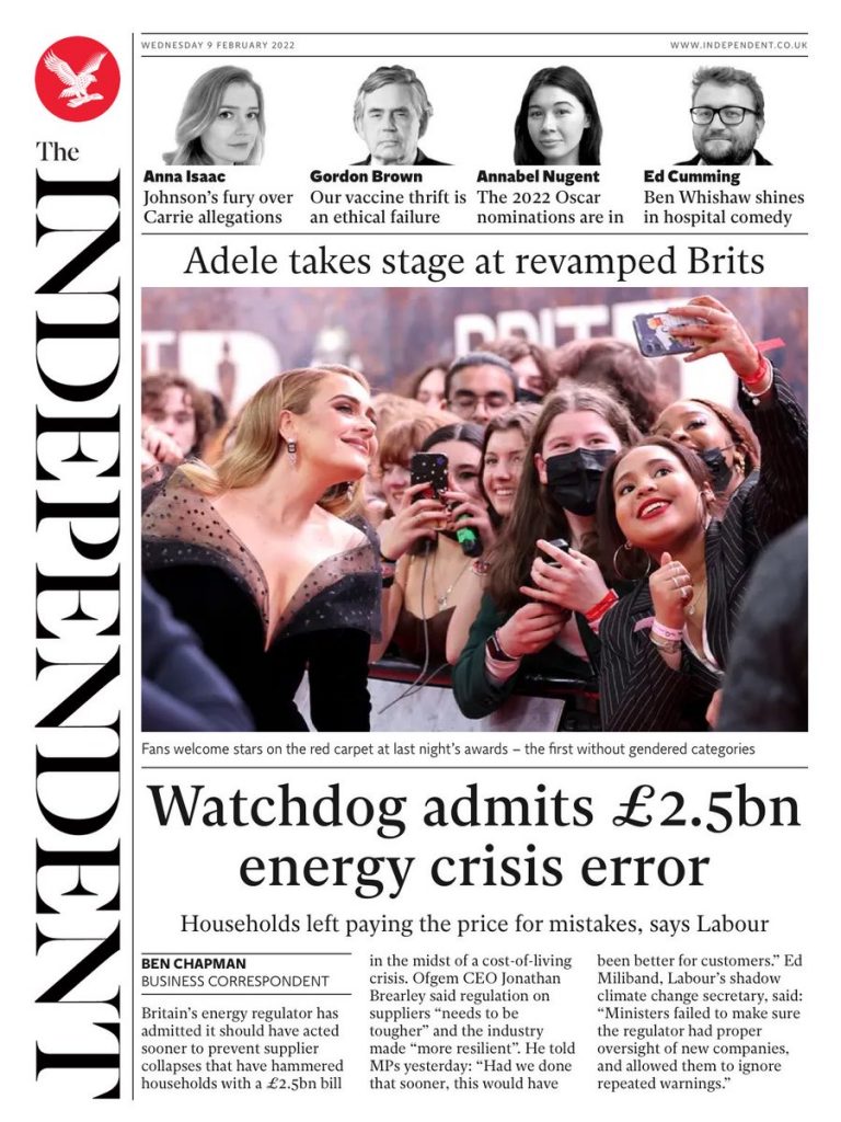 Independent Front Page 9th Of February 2022 Tomorrows Papers Today 